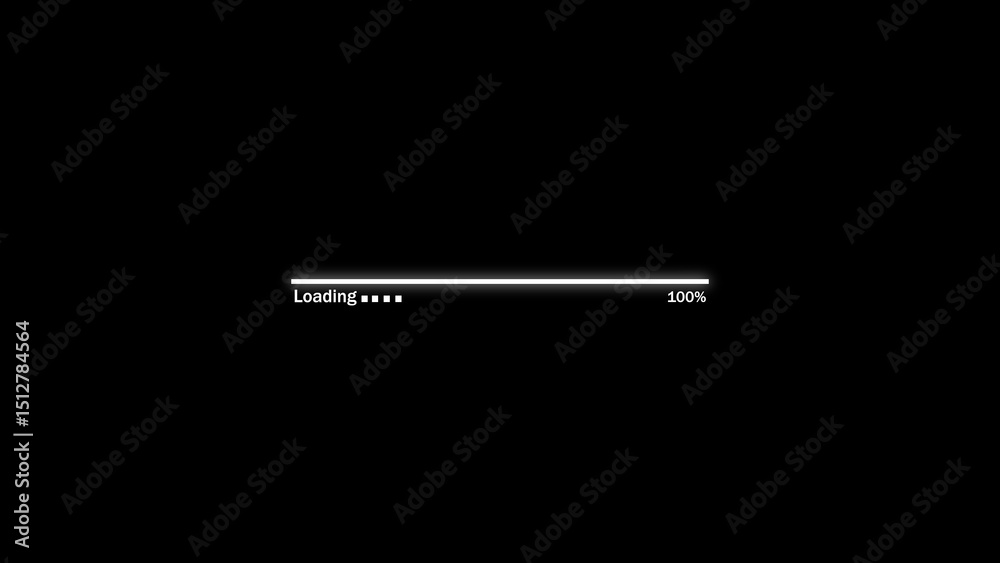Poster animated loading bar reaching 100 percent against a black background illustrating progress and compl