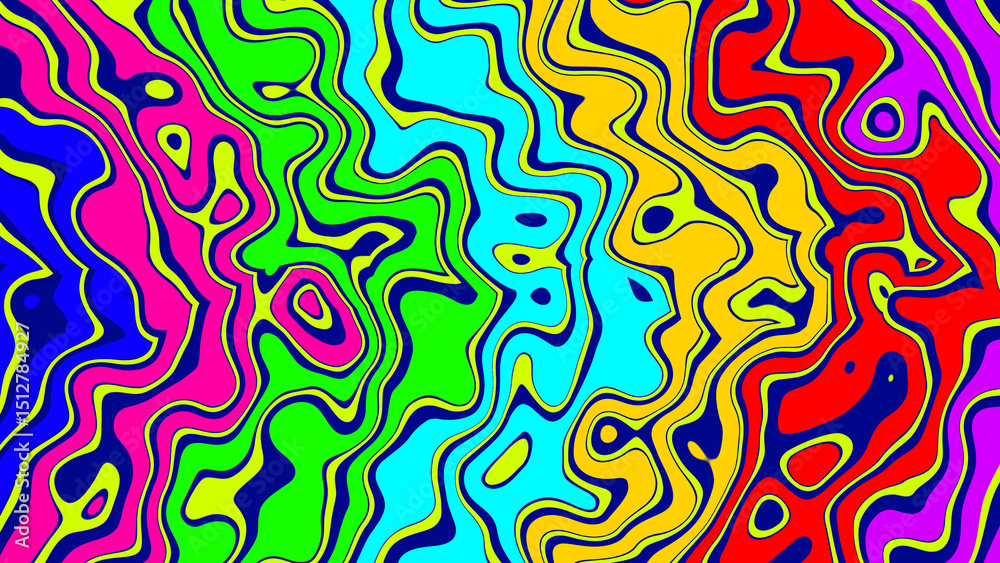 Poster vibrant psychedelic wavy pattern with bright colors and flowing lines creates a dynamic and colorful
