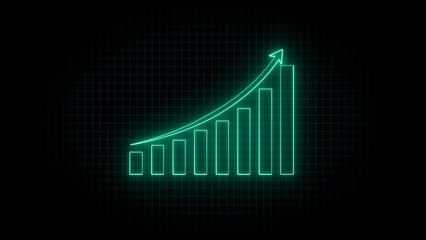 Neon style financial growth chart showing upward trend with an arrow at the top on a dark background representing business success and market gains.