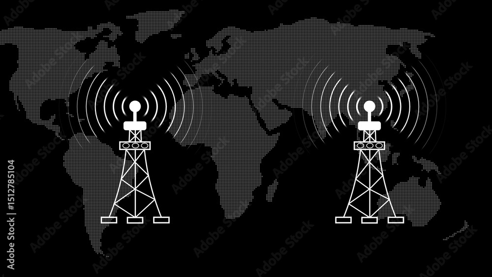 Poster global network communication towers broadcasting signals across a dotted world map providing worldwi