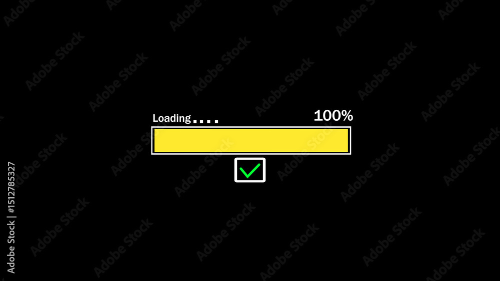 Poster progress bar animation illustrating 100 percent loading completion on a dark background with a yello