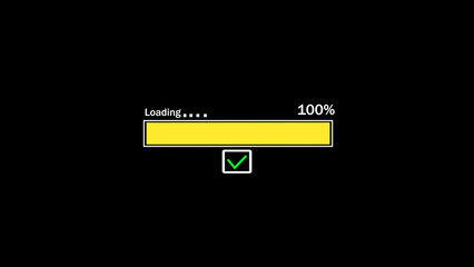 Progress bar animation illustrating 100 percent loading completion on a dark background with a yellow progress indicator and a green check mark icon achieving digital success.