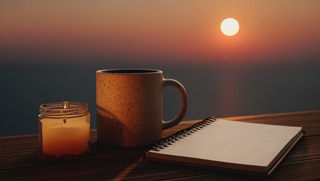 Sunset Scene With Coffee Cup, Candle And Notebook