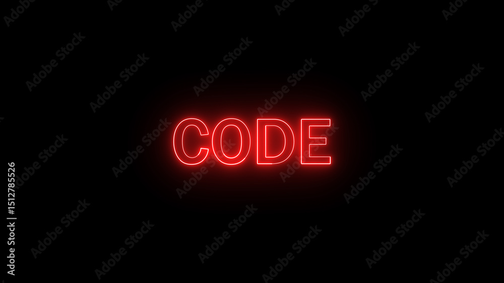 Poster illuminated red neon code sign on black backdrop representing programming and software concepts