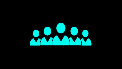 Simplified team or group icon representation featuring five silhouetted individuals in a cyan color on a black background for conceptual design and communication