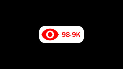 Social media concept featuring view count illustration with eye icon and audience engagement counter in vibrant red color against a dark backdrop.