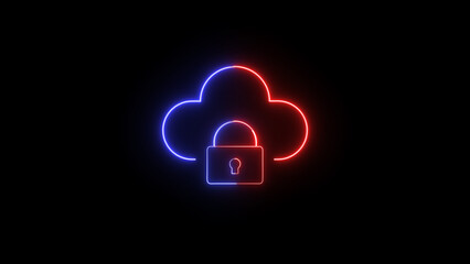 Cloud data security concept represented by a cloud icon with a padlock symbol lit up in neon colors against a black background representing secure information storage