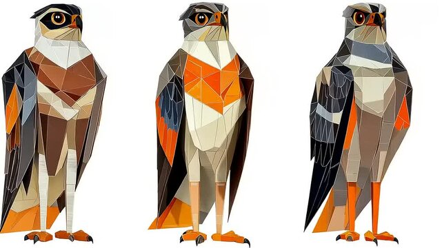 Abstract Rendition: Three Colorful Hawks Depicted in Low-Poly Style for Artistic Appeal