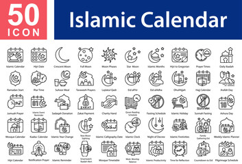Islamic Calendar Icon Collection Set.
Islamic Calendar, Hijri Date, Crescent Moon, Full Moon, Moon Phases, Star & Moon, Islamic Months, Hijri to Gregorian, Prayer Times Icon Symple Outline Vector