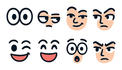 Comedic expression icon set in flat style. funny, humorous face symbols