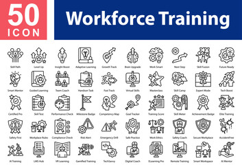 Workforce Training  Icon Collection Set.
Skill Path, Level Up, Insight Boost, Adaptive Learning, Growth Track, Brain Upgrade, Work Smart, Next Step, Icon Symple Outline Vector 