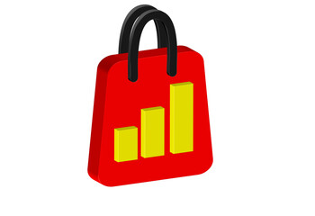 Simple 3D shopping bag icon with rising bar charts