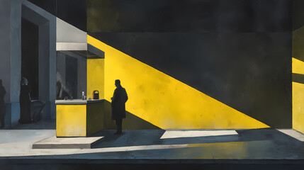 cover for urban poetry book | inner lives in public places | urban melancholy | grey and lemon | off-center subject | bright interior in dark | diagonal light beam | blocked shadow composition |