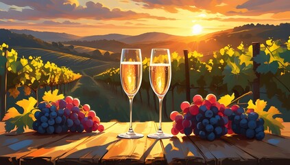 Naklejka premium Sunset Vineyard Toast Two Champagne Glasses with Grapes