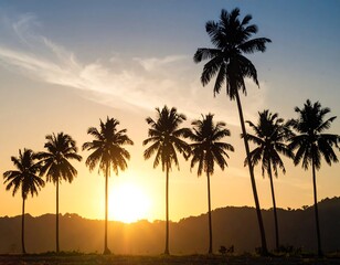 Obraz premium Silhouette palm trees at sunset