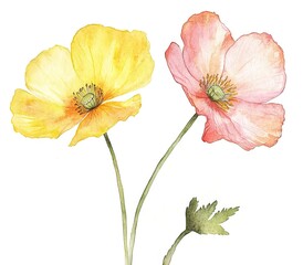 Two Watercolor Poppies Against White Background