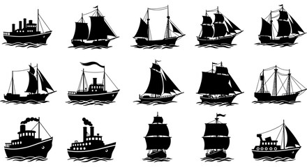 ship silhouette, black and white illustration, vintage ship, sailboat, wooden ship, pirate ship, galleon, schooner, clipper, steamship, sloop, brig, cutter, brigantine, carrack, caravel, xebec