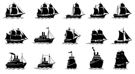 ship silhouette, black and white illustration, vintage ship, sailboat, wooden ship, pirate ship, galleon, schooner, clipper, steamship, sloop, brig, cutter, brigantine, carrack, caravel, xebec