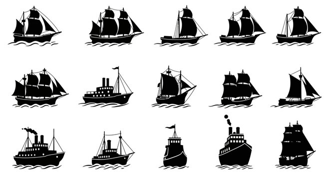 ship silhouette, black and white illustration, vintage ship, sailboat, wooden ship, pirate ship, galleon, schooner, clipper, steamship, sloop, brig, cutter, brigantine, carrack, caravel, xebec