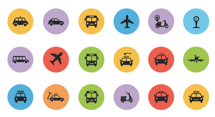 a collection of colorful transportation icons, various vehicles including cars, trucks, buses, trains, boats, bicycles, and more, flat design style, vector illustration