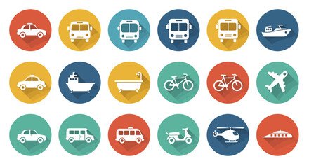 a collection of colorful transportation icons, various vehicles including cars, trucks, buses, trains, boats, bicycles, and more, flat design style, vector illustration