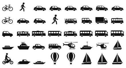 transportation mode icons, various black and white silhouettes, bicycle, pedestrian, car, truck, van, bus, boat, ship, hot air balloon, icons
