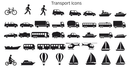 transportation mode icons, various black and white silhouettes, bicycle, pedestrian, car, truck, van, bus, boat, ship, hot air balloon, icons
