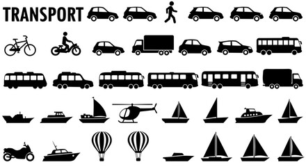 transportation mode icons, various black and white silhouettes, bicycle, pedestrian, car, truck, van, bus, boat, ship, hot air balloon, icons
