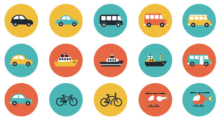a collection of colorful transportation icons, various vehicles including cars, trucks, buses, trains, boats, bicycles, and more, flat design style, vector illustration