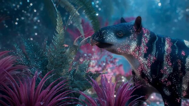 Luminescent Tapir in Enchanting Bioluminescent Forest