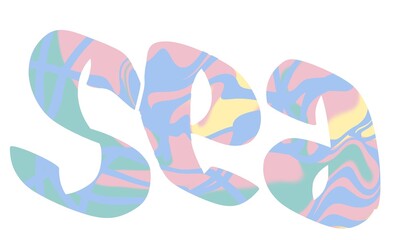 Fototapeta premium The word “Sea” is creatively shaped with soft pastel colors and abstract patterns. A modern, playful typography design blending blue, pink, yellow, and green hues with a fluid texture.