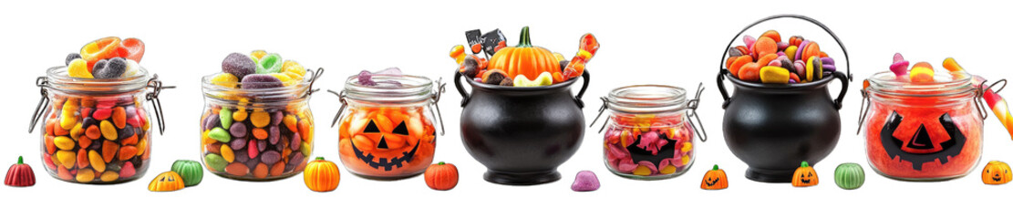 Halloween Candy In Jars Cauldrons And Pumpkins