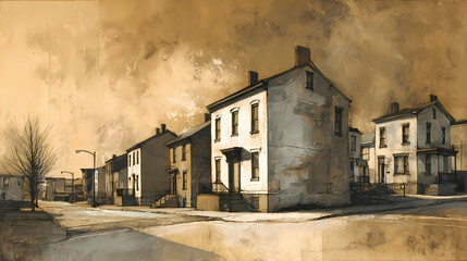 visual for architectural solitude article | disconnected intimacy | existential stillness | sepia and jade | off-center subject | row of quiet houses | diagonal light beam | blocked shadow