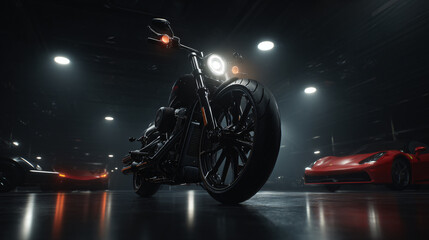 Motorcycle Automobile Garage Dark Urban Closeup Photography Motorbike Racing Culture Adventure Red Luxury Sleek Design Performance Wheels Engine Technology Chrome Dynamic Power Speed
