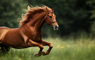 Obraz premium Chestnut horse galloping through field - great for digital content