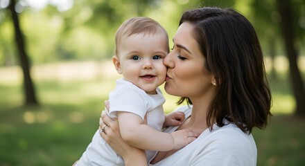 Happy Baby Being Kissed by Mother in a Green Park Setting
