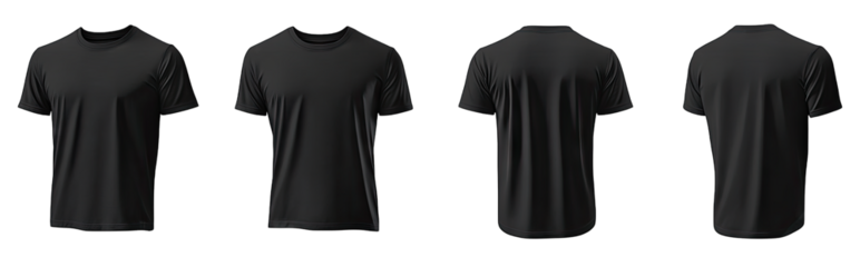 Black T-shirt Mockup With Front And Back Views The Black T-shirt Is Isolated On A Transparent Background With A Shadow And Is Shown From Four Different Angles