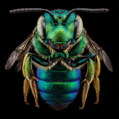 Bee Insect Macro Photography Detailed Studio Shot Colorful Pollinator Anatomy High Resolution Entomology Micro Nature Wildlife Green Blue Yellow Black Microscopy Natural Habitat Ecosystem