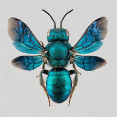 Bee Macro Photography: Blue Background Showcasing Shiny Vivid Wings Detailed Microscopic Insect Exoskeleton Environmental Ecology Nature Pollinator Studies Unique Artistic Biodiversity Research