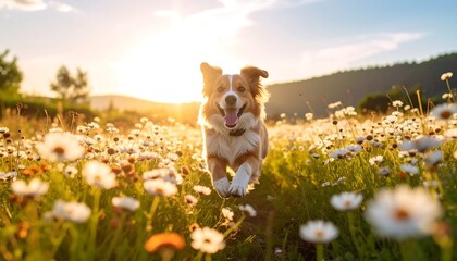 Happy dog running in a field of flowers