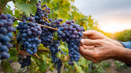 Grapes Vineyard Harvest Hand Winemaking Green Summer Sunset Nature Farmland Rural Food Organic Agriculture Farming Crop Fruit Ripe Fresh Sweet Scenic Landscape Natural Lifestyle Peasant Tradition