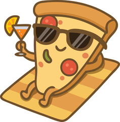 Pizza slice character at the beach with drink and sunglasses