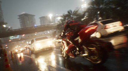Urban Motorcycle Riding Rainy Night Traffic Lights Skyscraper Thunderstorm Speed Transport Adventure Gear Downtown Vibrant Skyscraper Tires Reflection Sleek Dusk Exploration 