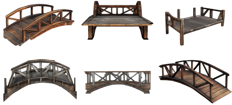 Collection Of Six Wooden Bridges Isolated On Transparent Background