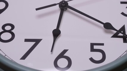 Close-up view of an analog clock face displaying the time at 6:20, featuring bold black numerals and clean clock hands, Concepts for business or productivity themes.