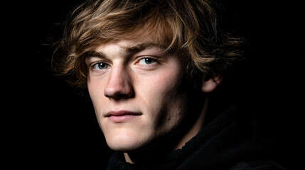 Portrait Male Serious Expression Profile Young Hair Blue Eyes Face Dark Background Intensity Realistic Emotional Handsome Close-up Light Shadows Detail Features Stylish Youthful Cool Confident Gaze 