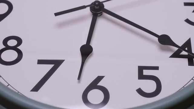 Close-up view of an analog clock face displaying the time at 6:20, featuring bold black numerals and clean clock hands, Concepts for business or productivity themes.