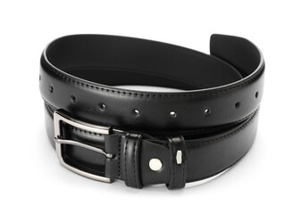 One black leather belt isolated on white