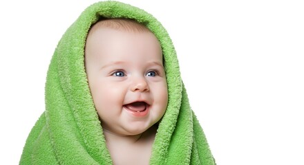 Happy Baby Smiling Wrapped in Green Towel Isolated on White