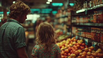 Grocery Market Fruits Shopping Parent Child Family Together Food Fresh Produce Healthy Store Colors Organic Casual Lifestyle Urban Shelves Aisle Bonding Childhood Exploration Tasty Variety Happiness